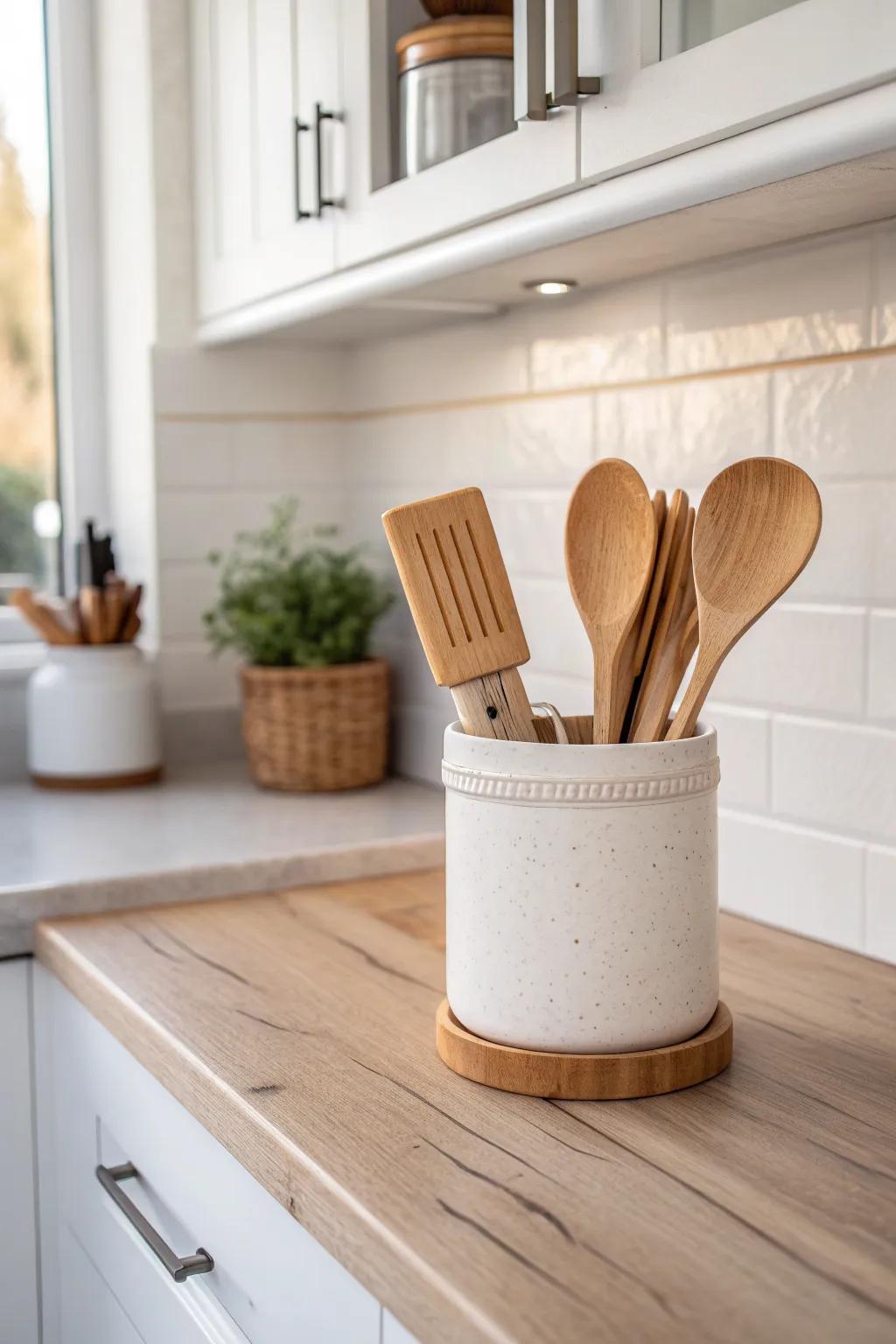 A tidy utensil niche: one ceramic crock keeps your prep zone calm, clean, and clutter-free.
