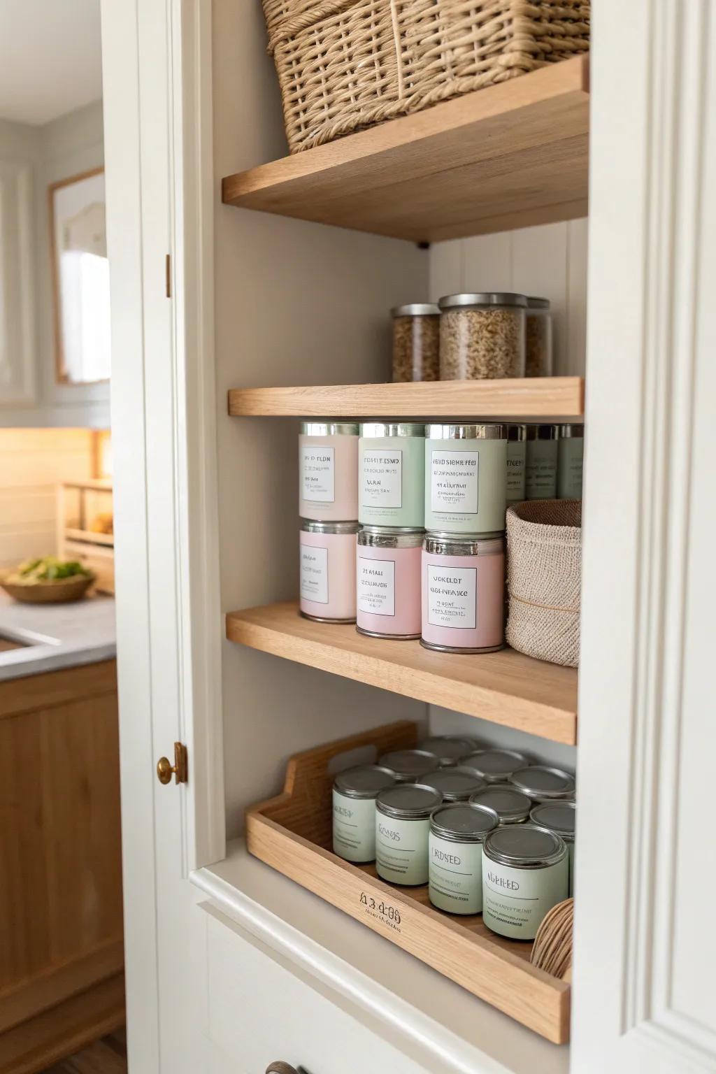 Tiered risers make every can visible—so you stop rebuying what’s already in back.