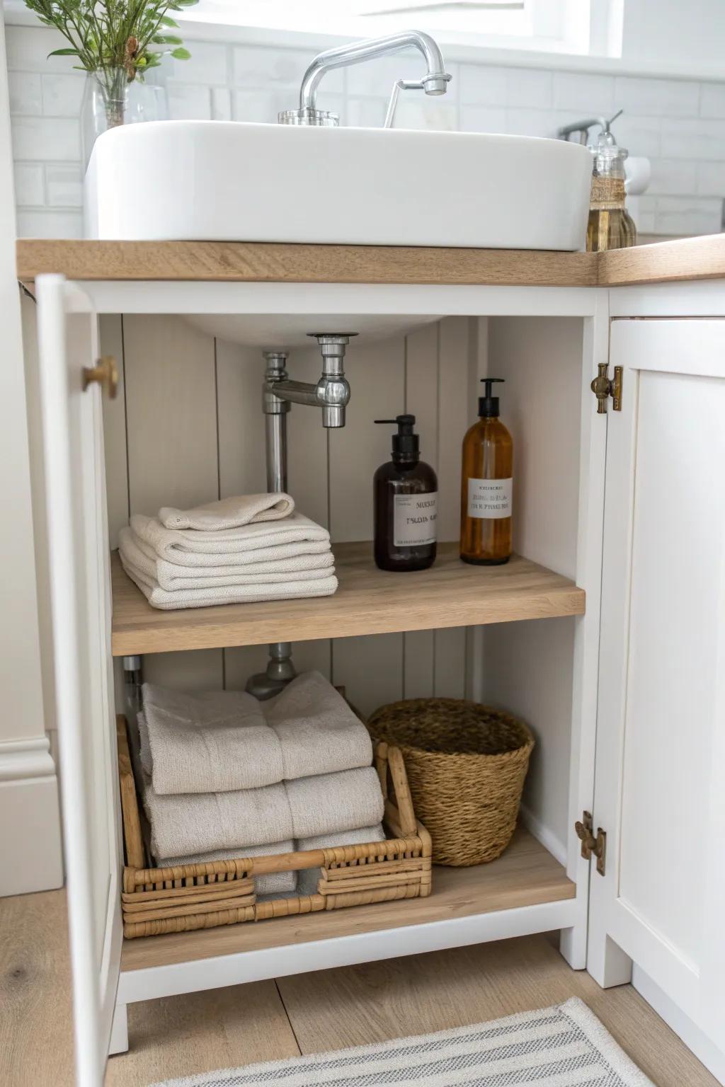 A tiered shelf wraps around sink pipes to double storage—no drilling, just calm order.