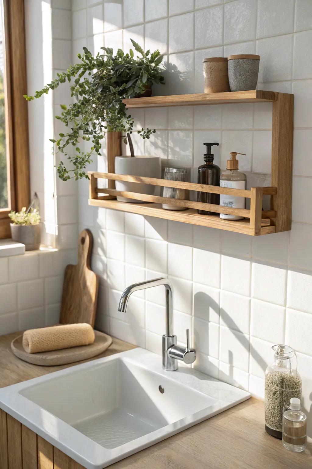 A sleek above-sink shelf keeps soap, brush, and a tiny plant handy—without clutter.