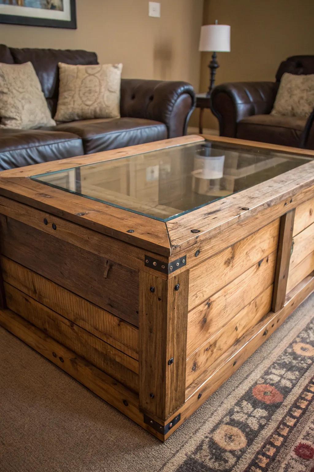 Transform your space with a rustic touch: A handcrafted crate coffee table centerpiece.