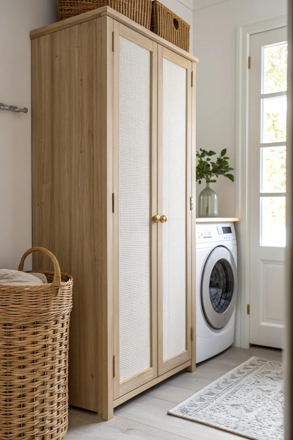 Built-in cabinet doors hide laundry appliances, turning a utility spot into calm storage.