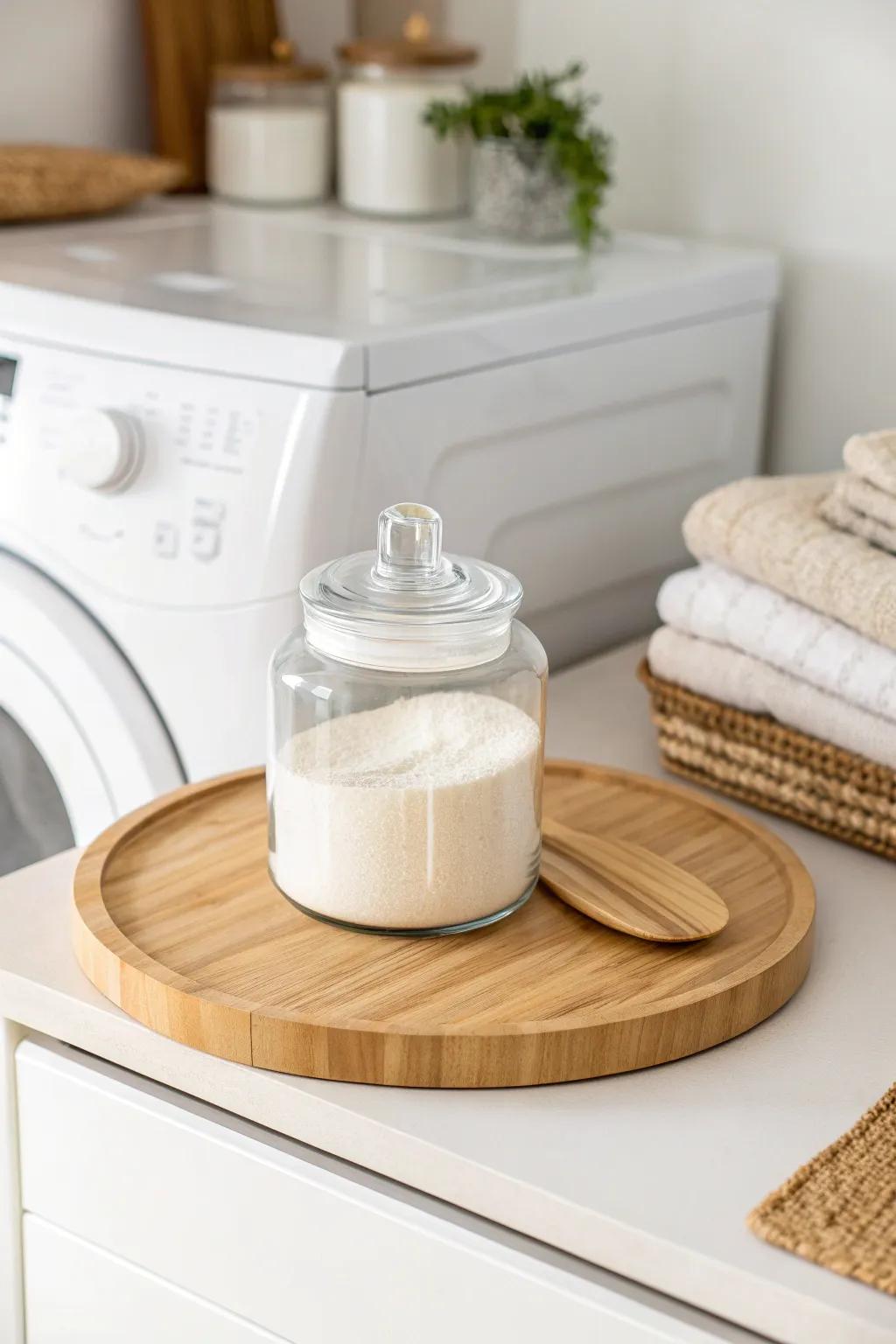 Spin-to-reach detergent: a bamboo lazy Susan keeps small laundry cabinets calm and clutter-free.