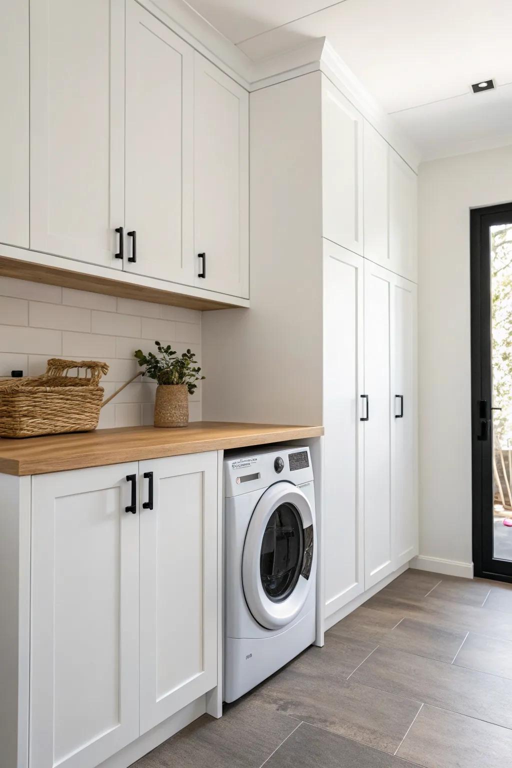 A built-in cabinet and warm wood top make a tidy, intentional folding station in small laundries.