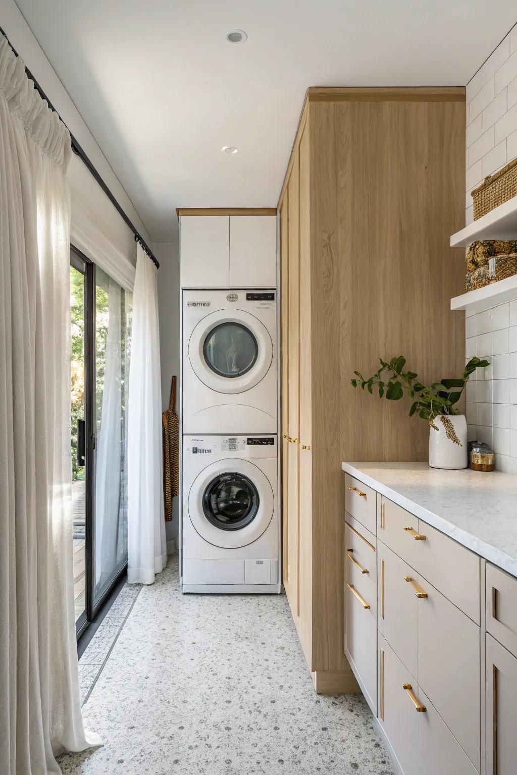End-of-run laundry tower in a galley kitchen—clean, quiet, and beautifully space-smart.