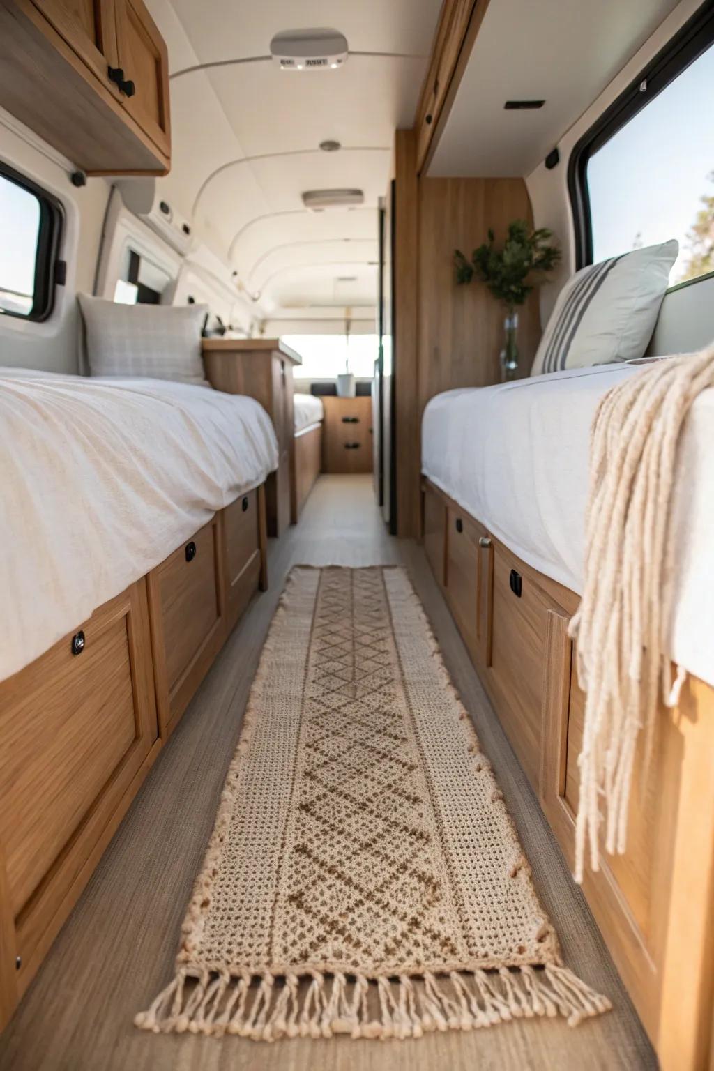 Twin side beds + center walkway: the calm, clutter-free van layout made for two.