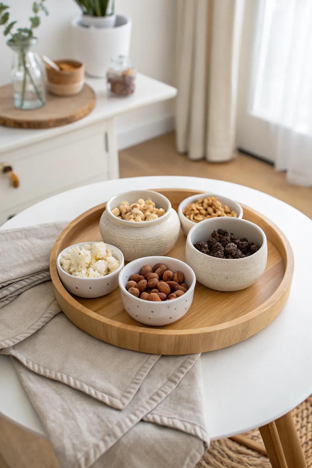 Movie-night ready: a minimalist lazy susan snack spinner that doubles as chic small-space decor.