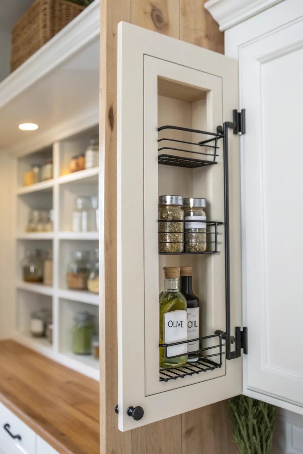 Use the cabinet door for spices—door rack + simple shelves stop condiment avalanches.