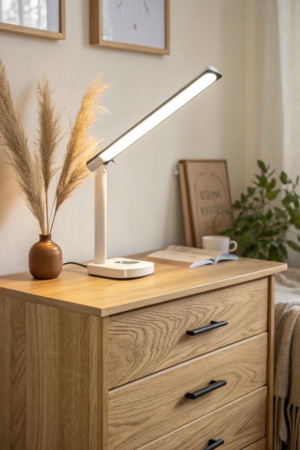 Minimal LED light bar on a dresser—soft wall-bounced glow for a calm bedroom workspace.