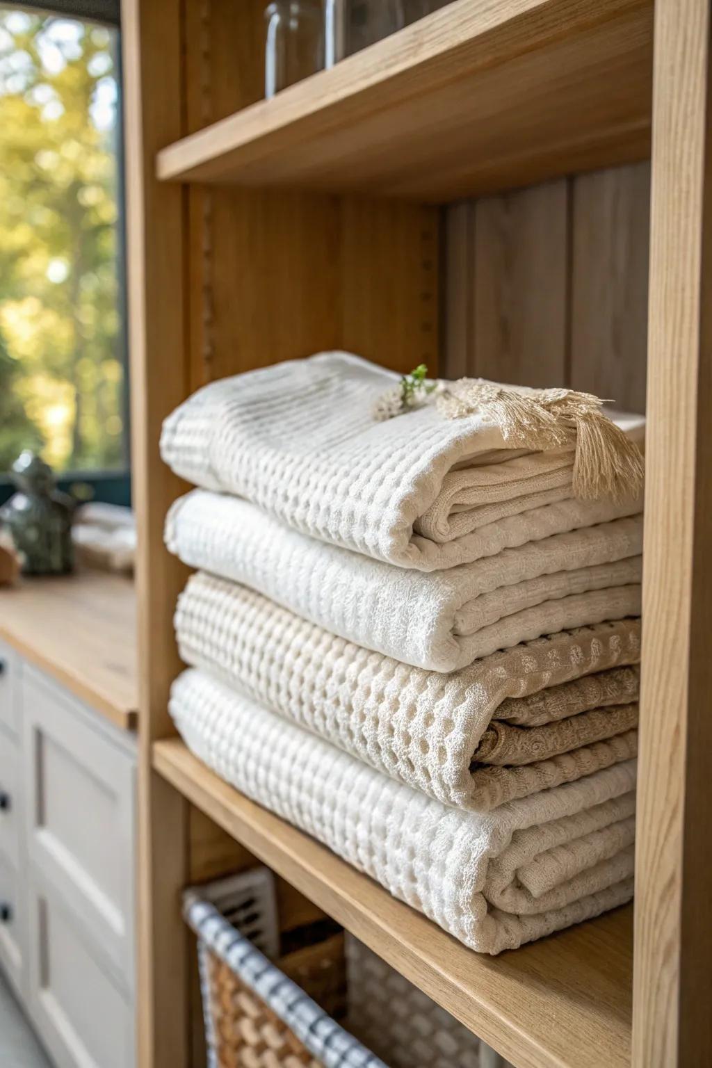 Keep daily towels at eye level—folded neutral stacks make your linen closet feel instantly calm.