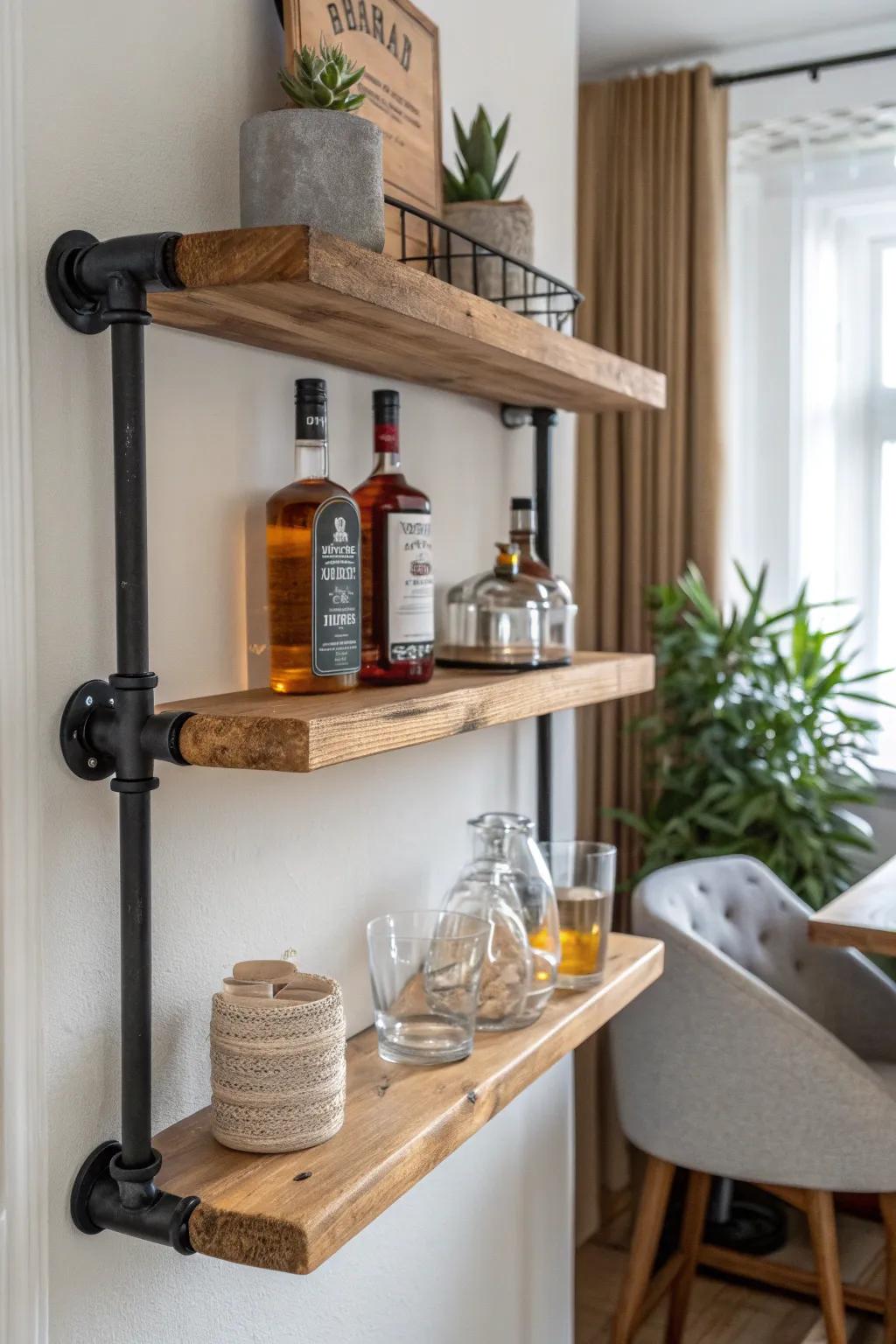 Chunky pipe-and-oak liquor shelf—small-space storage with serious strength and style.
