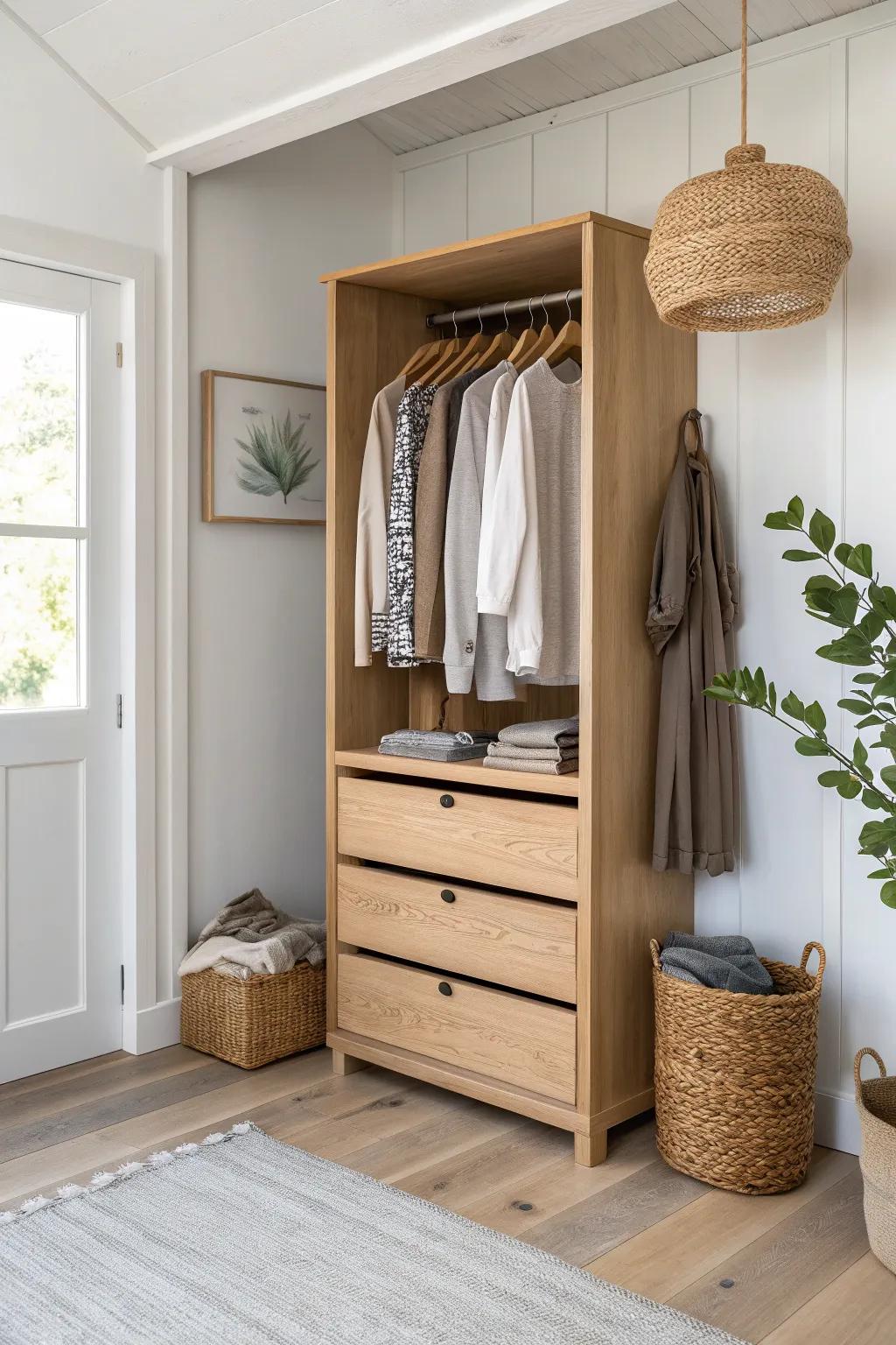 Slide-in drawers under hanging space keep scarves, gloves, and cords tidy in a small closet.