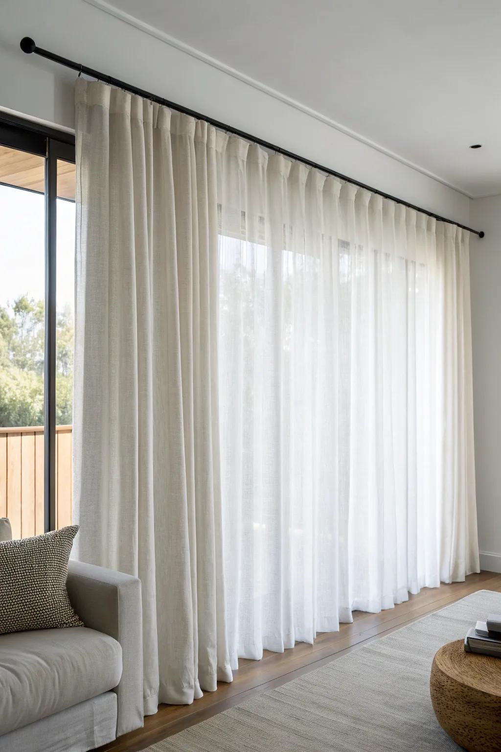 Hang sheer curtains high and wide to make condo windows look taller, brighter, and grander.