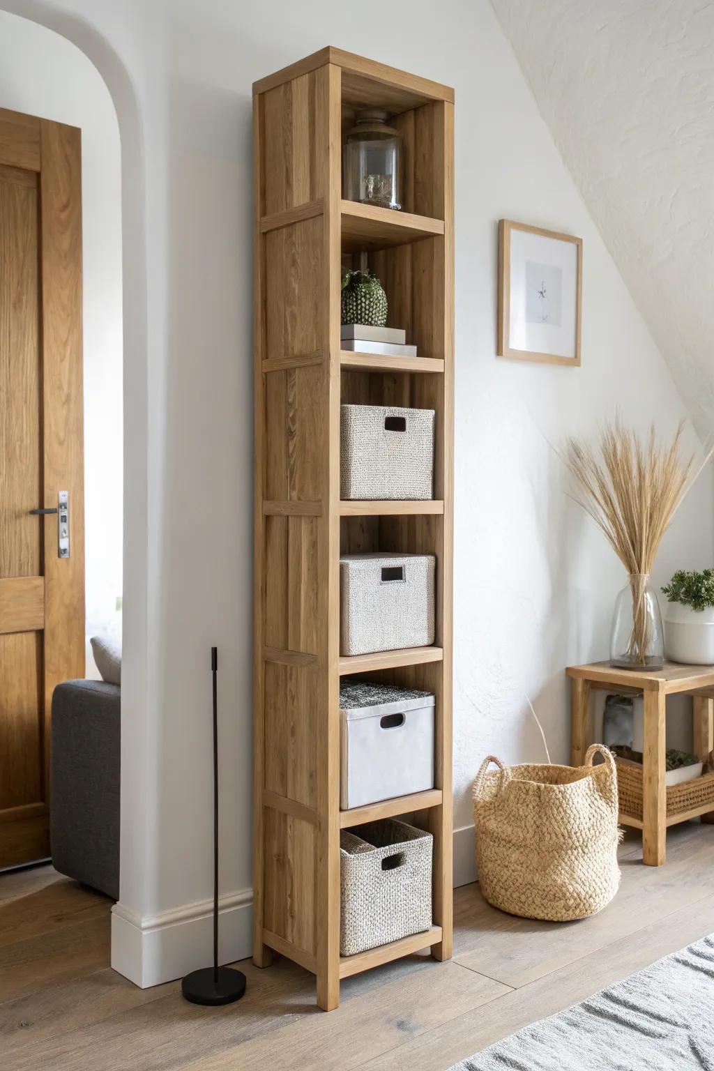 Go vertical: a slim cube tower that stores games and decor without taking up precious floor space.