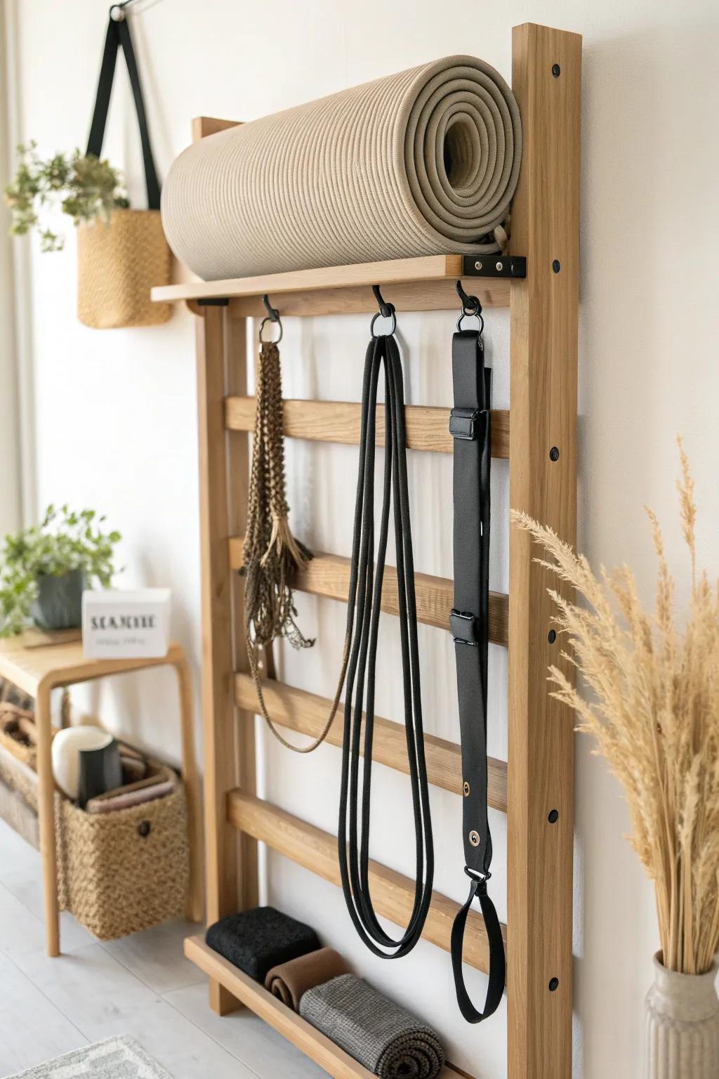 Go vertical: a wall rack with hooks and a shelf keeps gym gear tidy in a small living room.