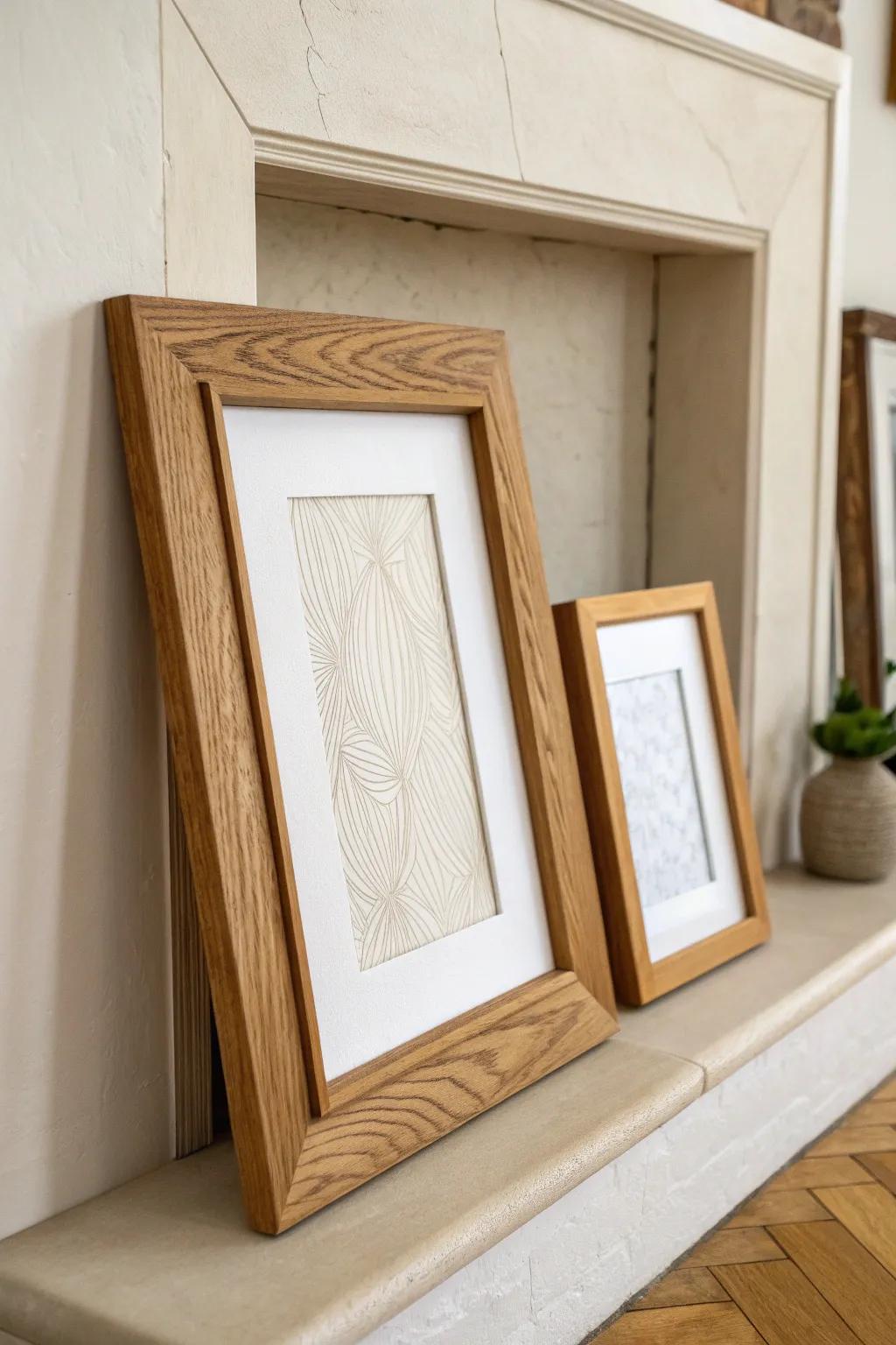 Turn a niche into a swap-friendly mini gallery with layered, leaning frames—no extra holes needed.