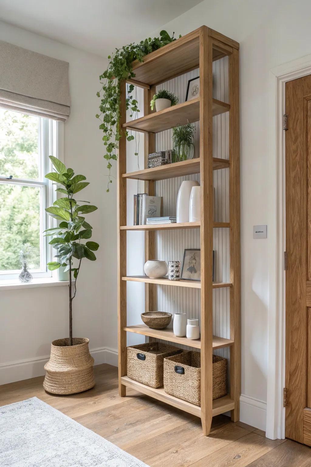 Go up, not out: a floor-to-ceiling shelf keeps small living rooms calm and clutter-free.