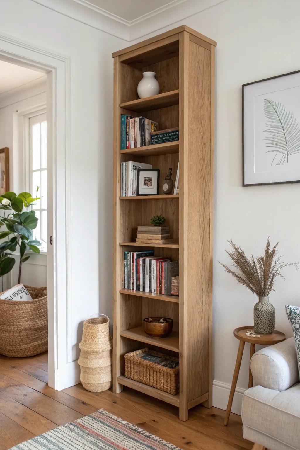 Tuck a tall bookcase into a corner for airy, vertical storage that instantly finishes the room.