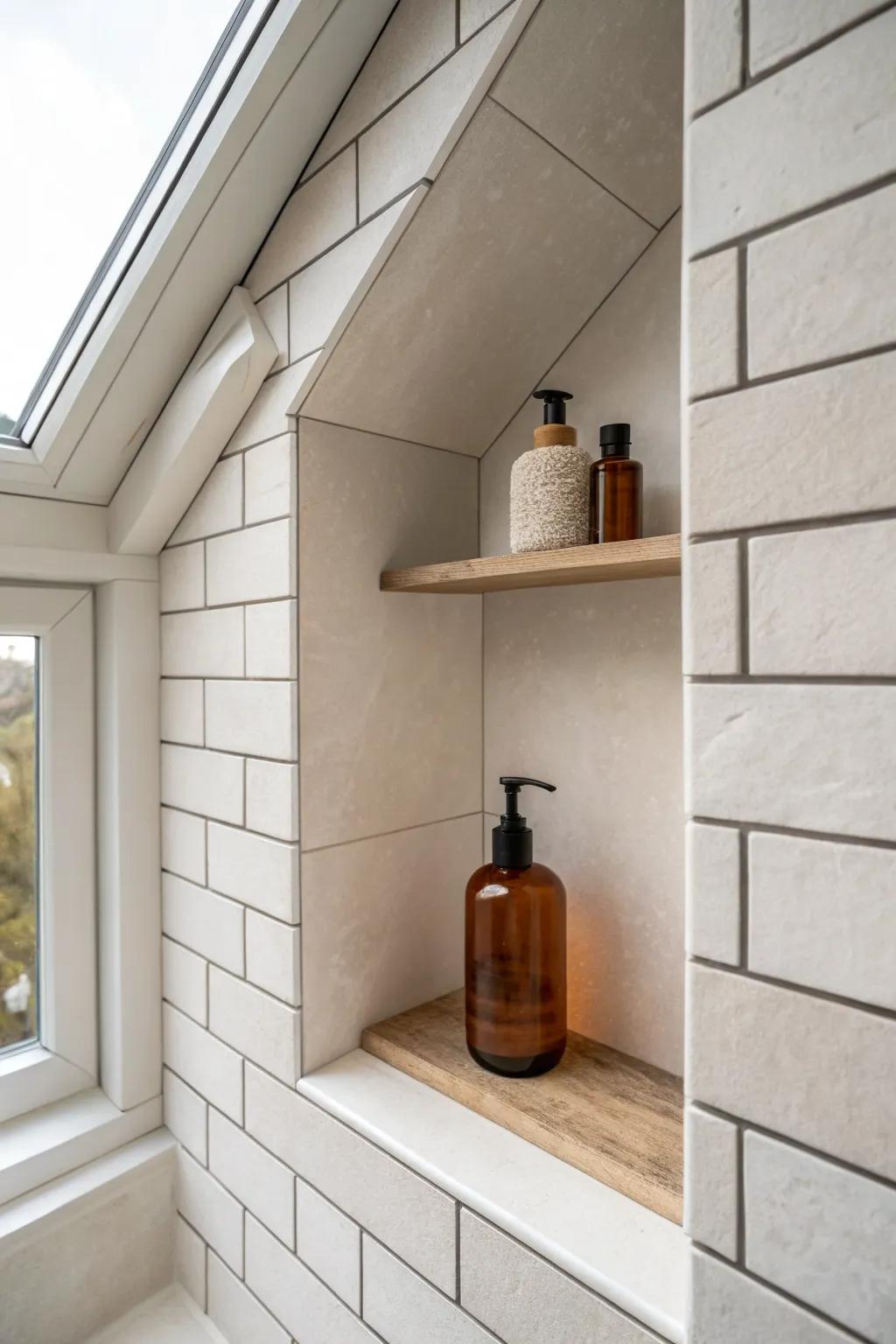 Recessed shower niche keeps a tiny loft bathroom clutter-free—simple, chic, elbow-safe.