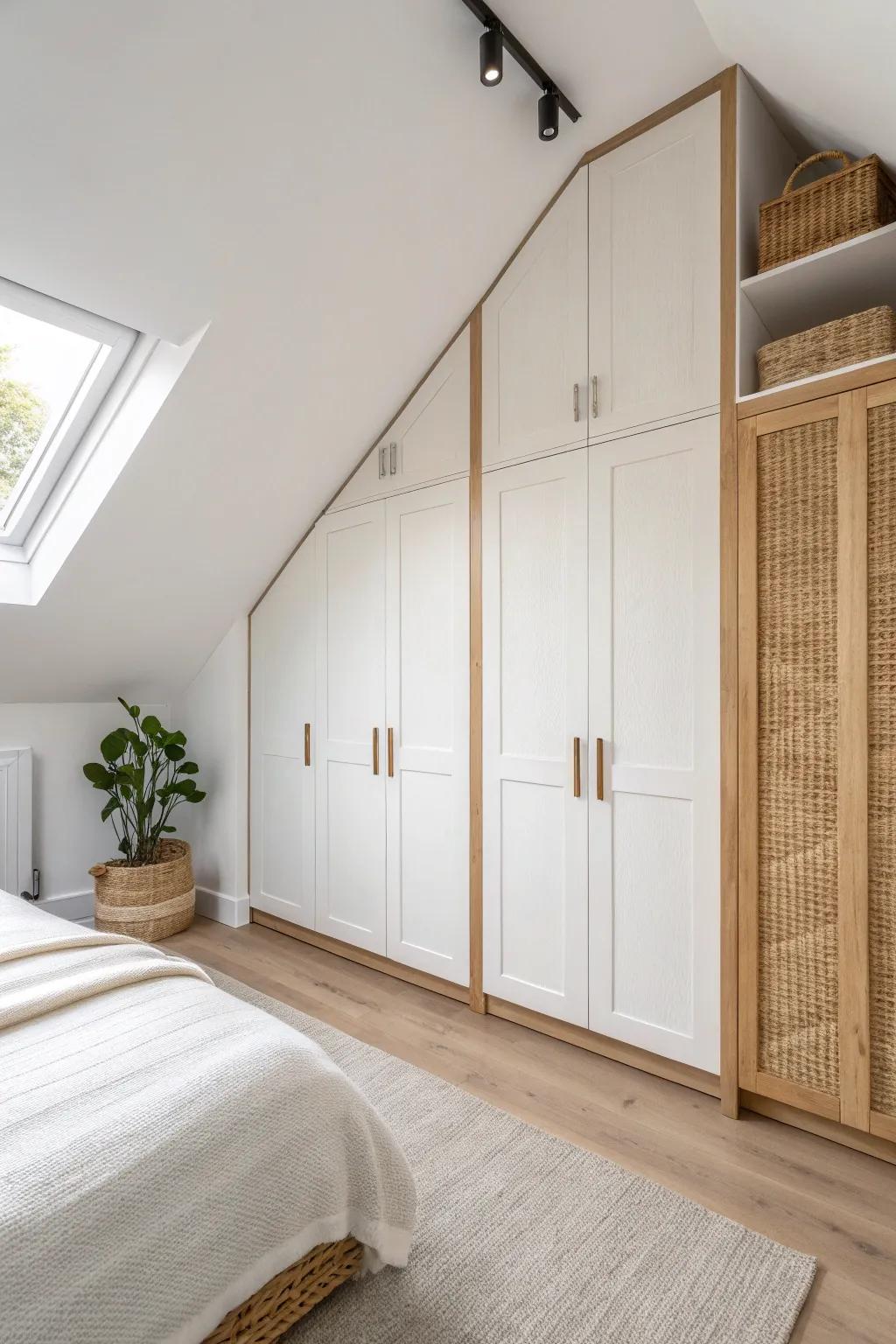 Built-in wardrobe on the tallest wall keeps the loft bedroom airy, tidy, and serene.