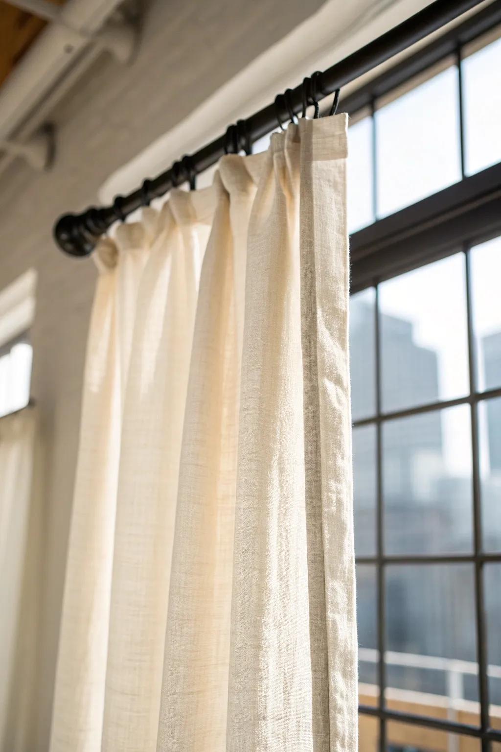 Hang airy linen panels high to soften loft windows—privacy and height without losing light.