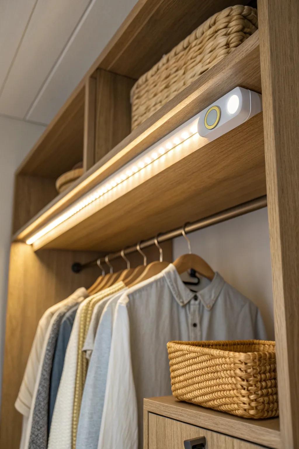 A slim LED bar floods a long closet with even glow—no more mystery colors in the back.