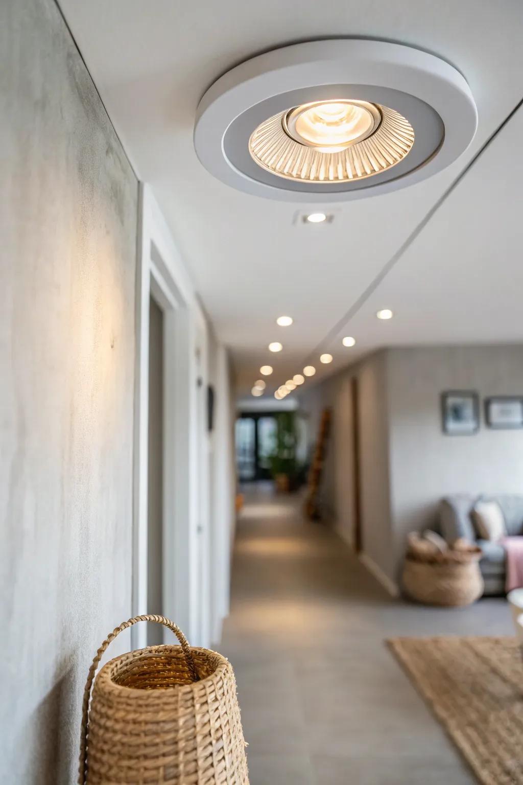 A single recessed light that makes a long, narrow basement feel bright and beautifully calm.