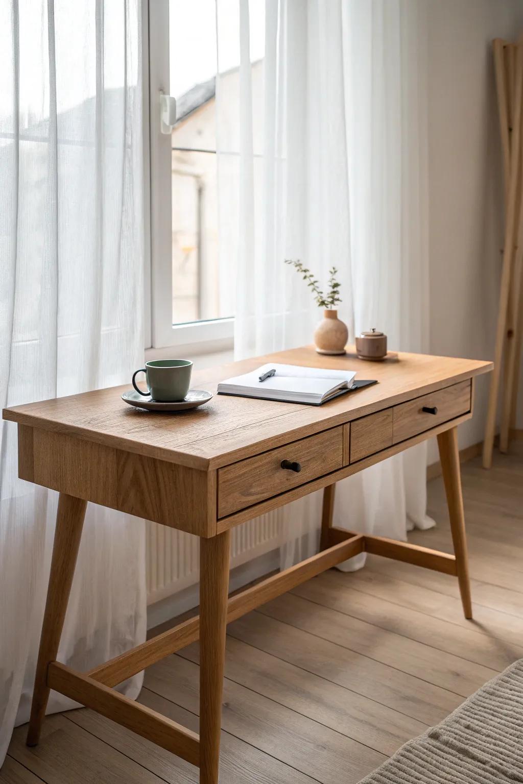 A slim oak desk under the window keeps your long, narrow bedroom feeling open and bright.