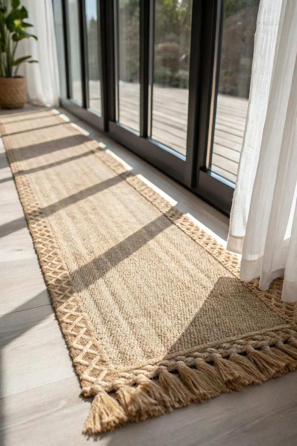 Layered jute texture keeps a narrow sunroom cozy, calm, and airy—no bold color needed.