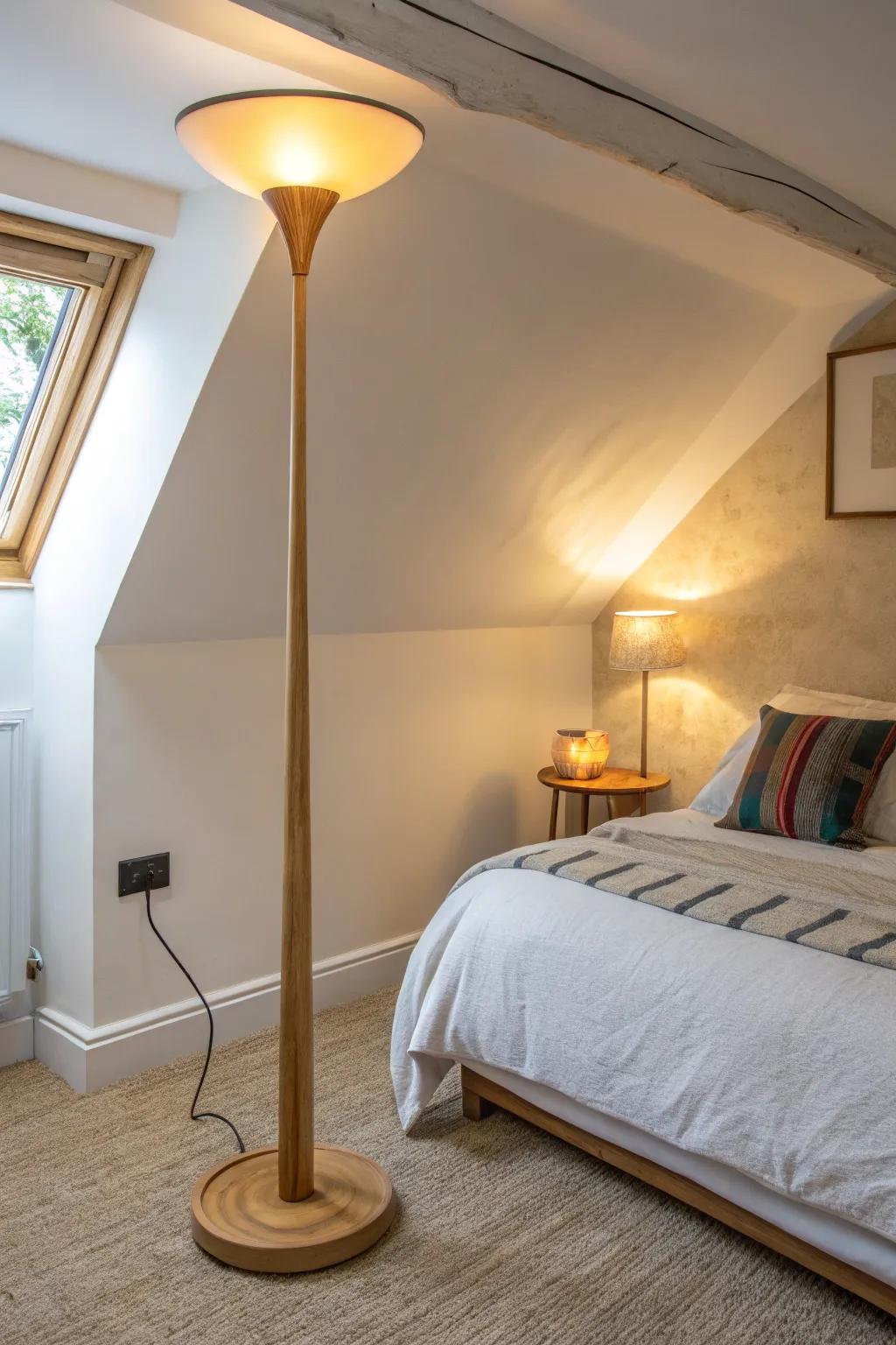 A simple uplight washes the wall upward, making a low ceiling bedroom feel taller and cozier.