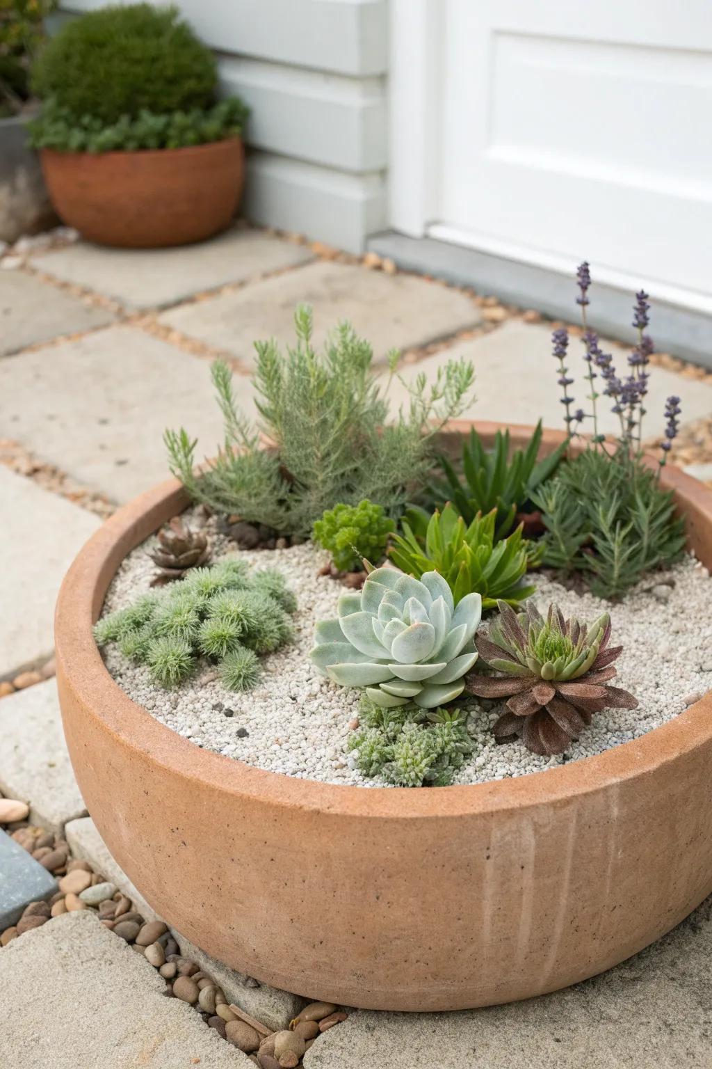 A sculptural gravel plant pocket with drought‑tough greens—styled, serene, zero‑mow.