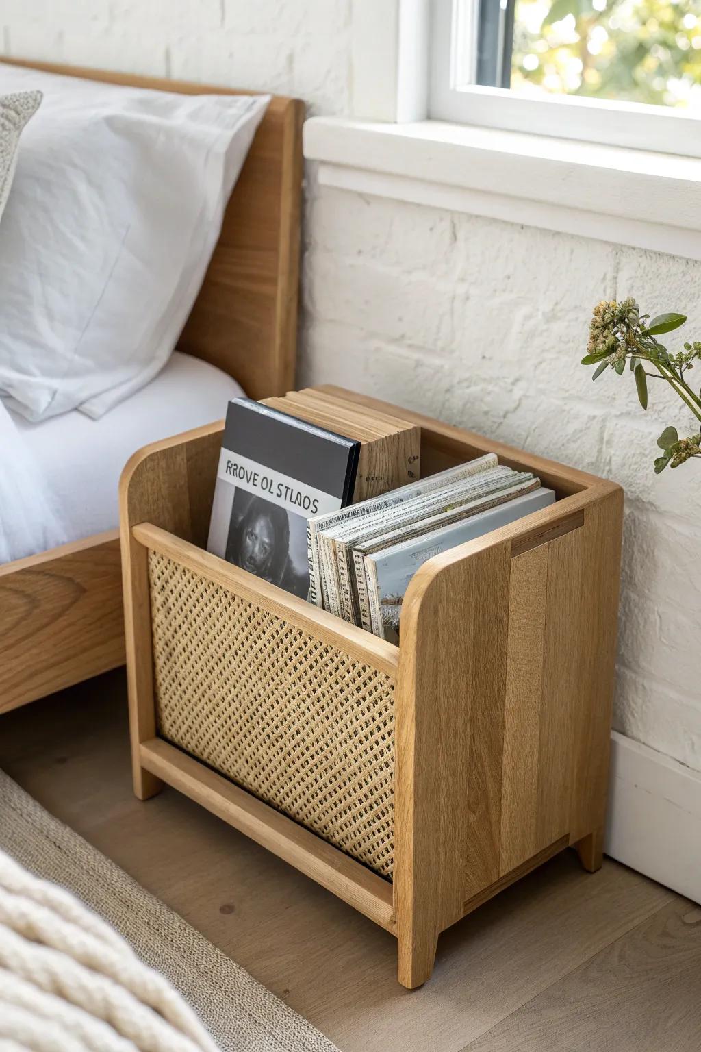 A slim nightstand magazine slot keeps bedtime reads upright and your small space calm.