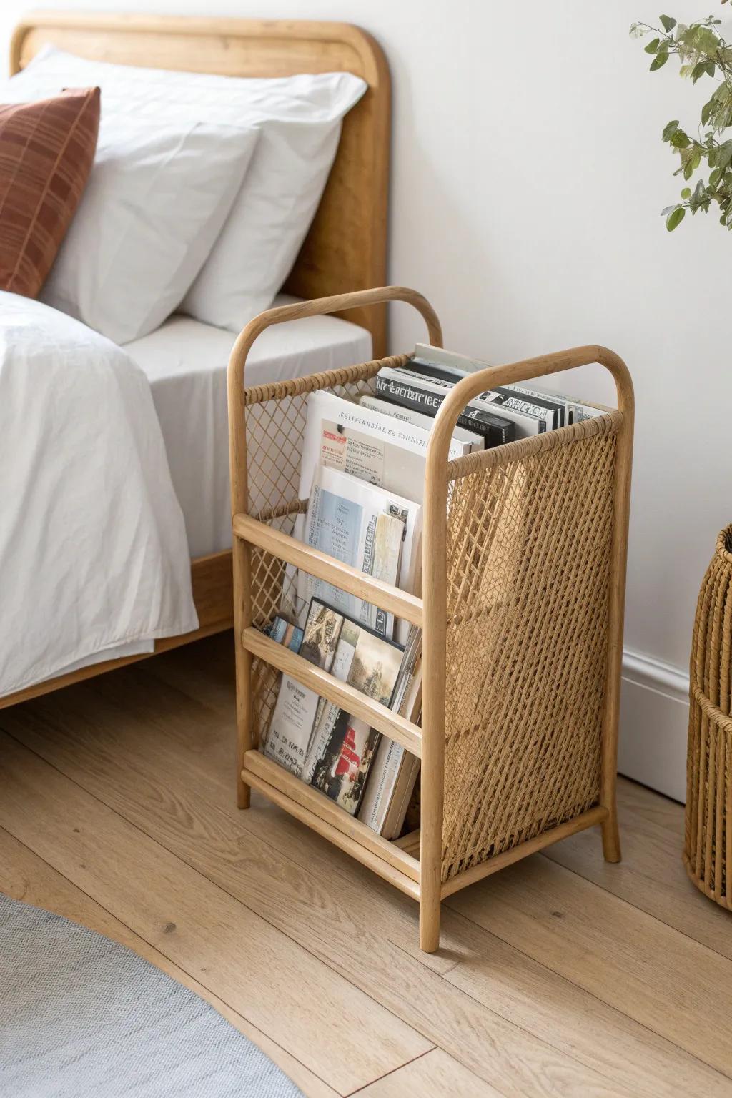 A slim bedside magazine rack keeps night reads upright, dust-free, and your nightstand clear.