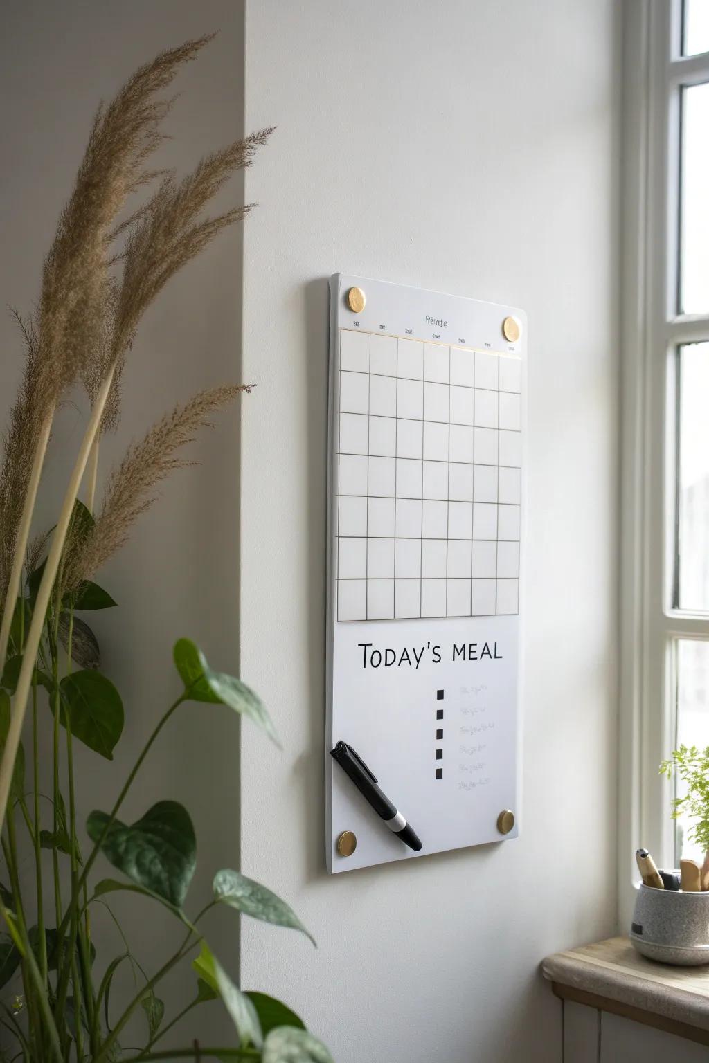A slim magnetic write-on wall strip for meal ideas and reminders—minimal, warm, and renter-friendly.