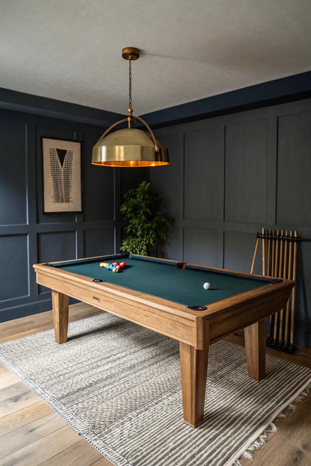 Charcoal walls + warm brass lighting make a small pool-table room feel cozy, luxe, and den-like.