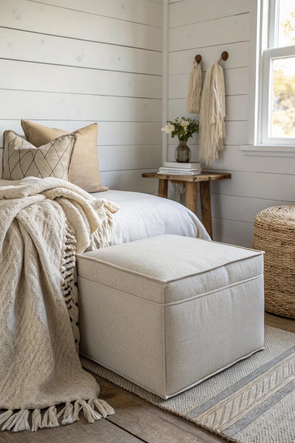 Ottoman-first reading nook: small-space cozy, crafted textures, and calm Scandinavian warmth.