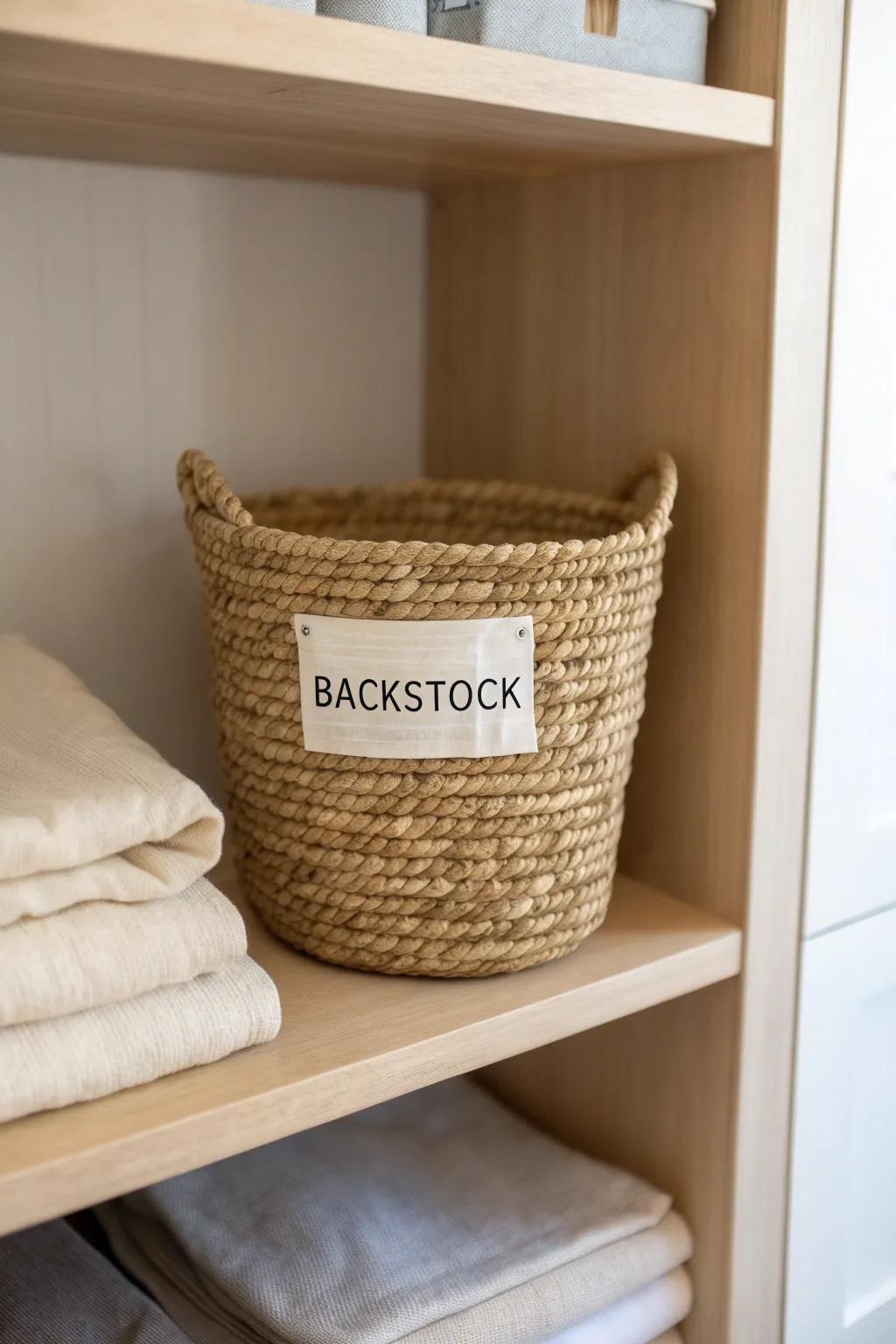 Store refills up high: a labeled backstock bin keeps daily meds tidy and easy to restock.