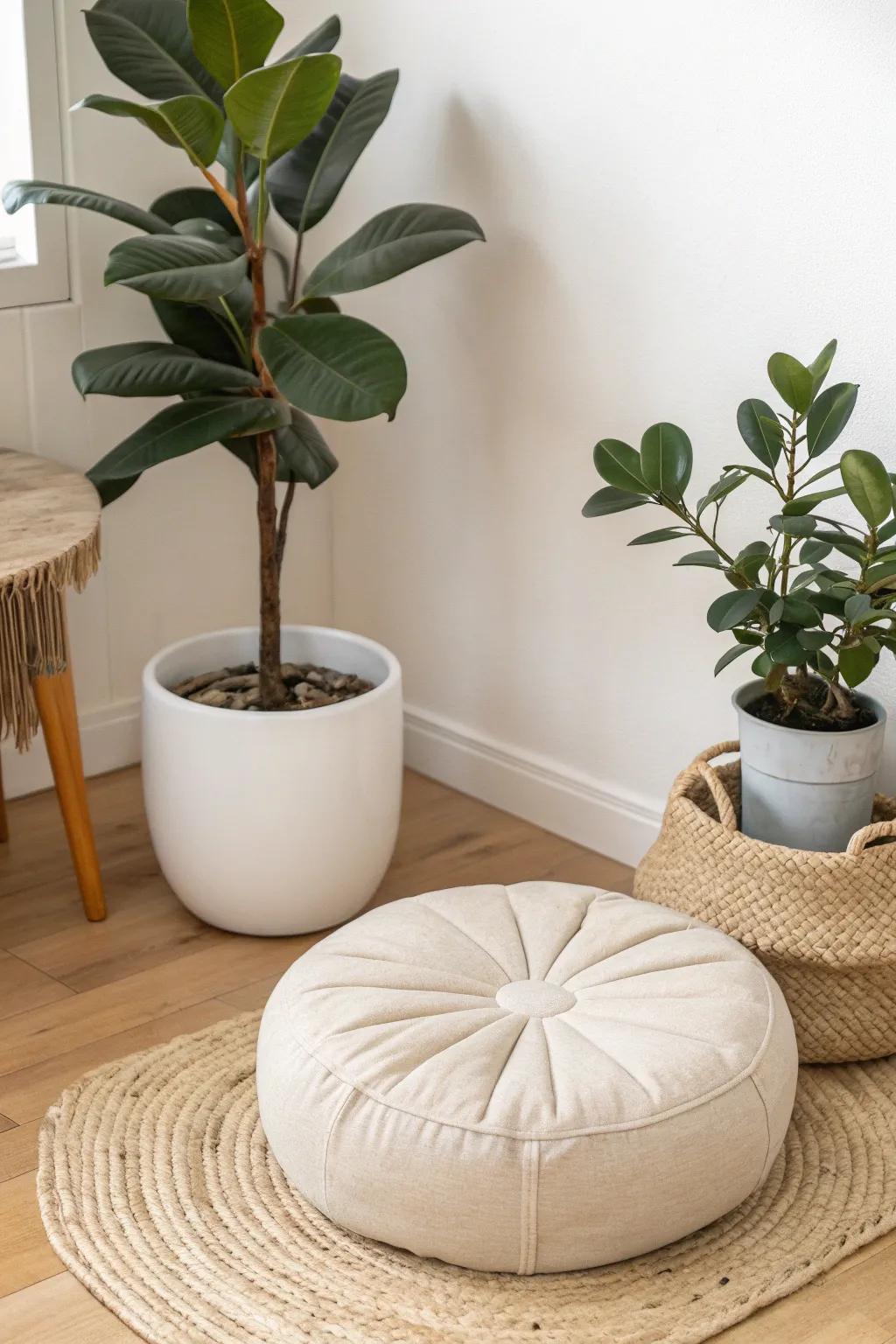 Let greenery frame your cushion—one tall plant and one small—for a calm, grounded corner.