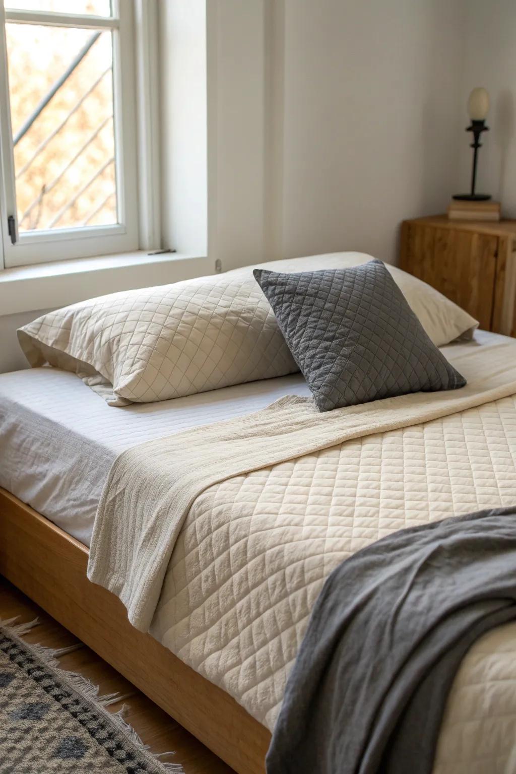 Neutral textured layers—linen, waffle knit, quilted—keep a small men’s bed simple, not bland.