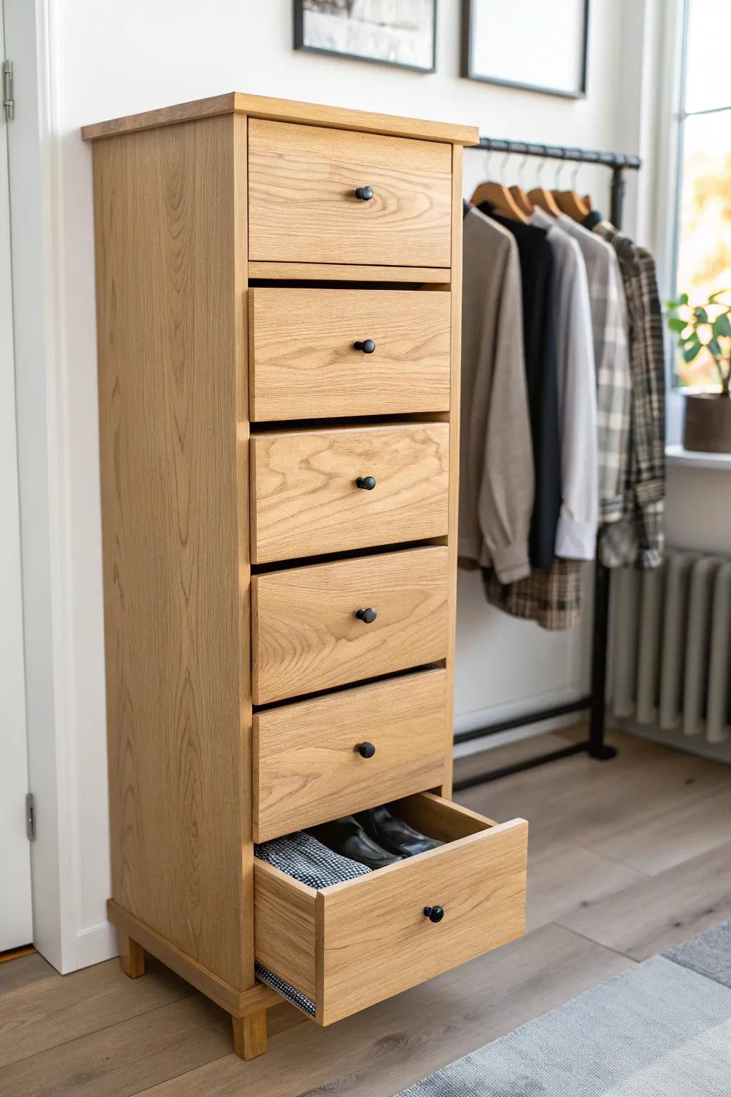 A slim drawer tower hides socks, tees, and gym gear—small closet magic that stays organized.