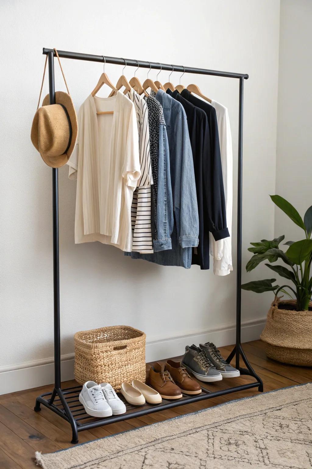 A curated open clothing rack keeps a men’s studio looking clean, intentional, and easy to dress from.