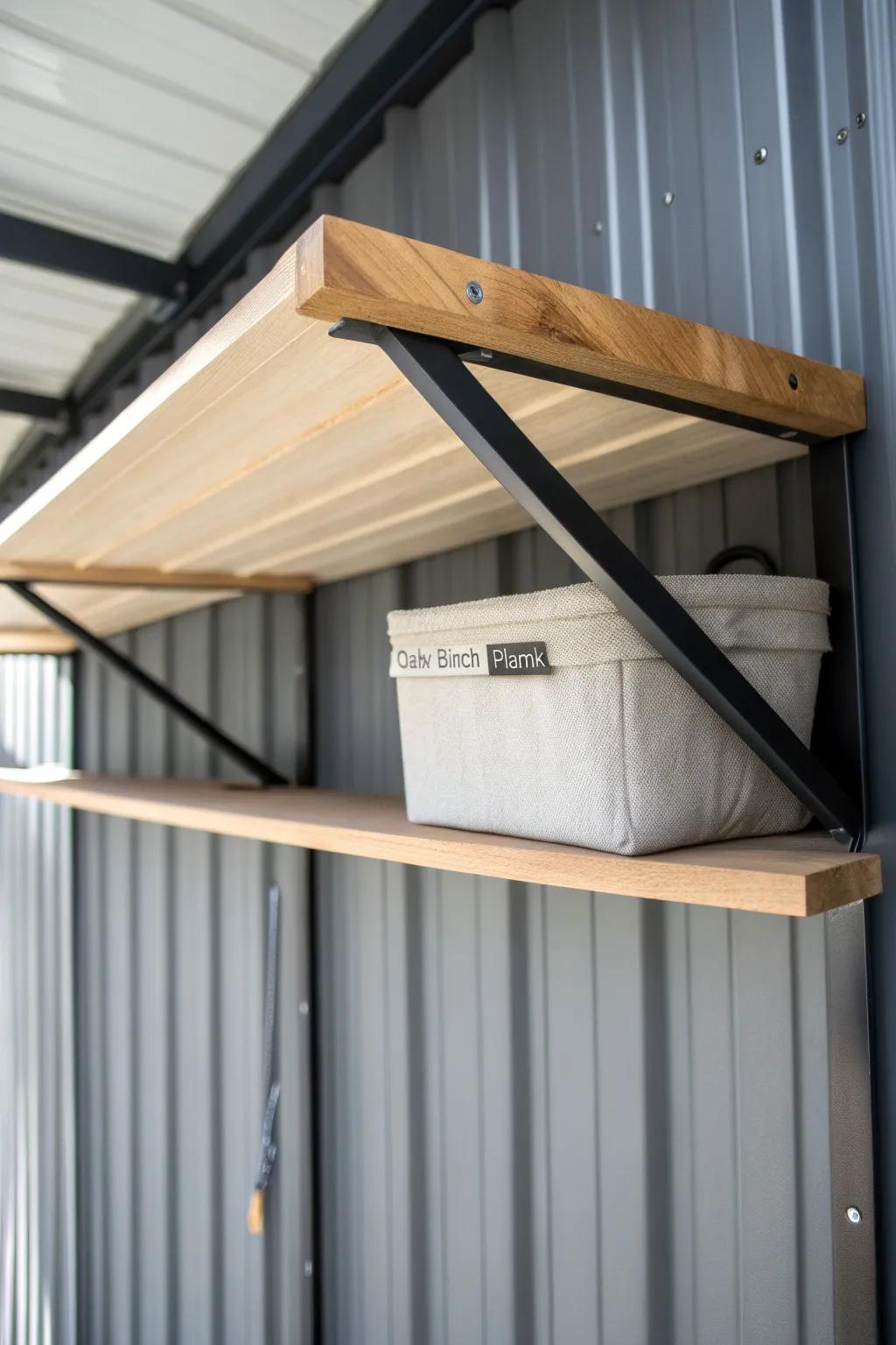 Use the roofline: a slim rafter shelf strip keeps light bins up high and out of the way.