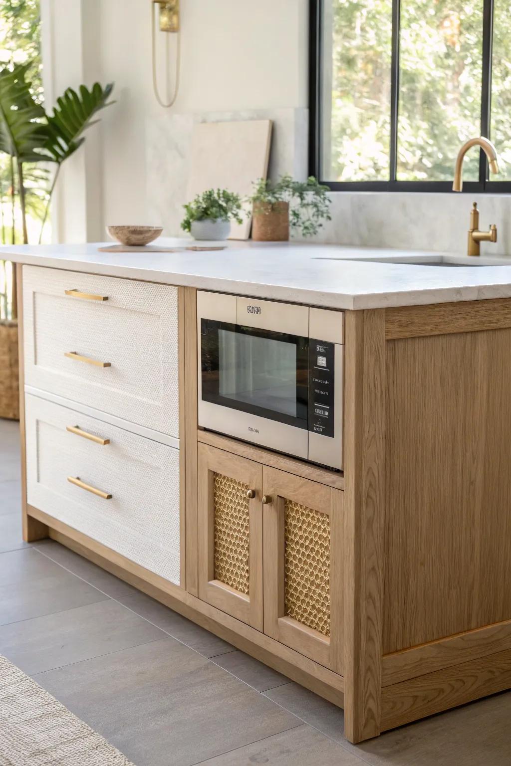 Island-base microwave placement that saves counter space—minimal, airy, and beautifully built.