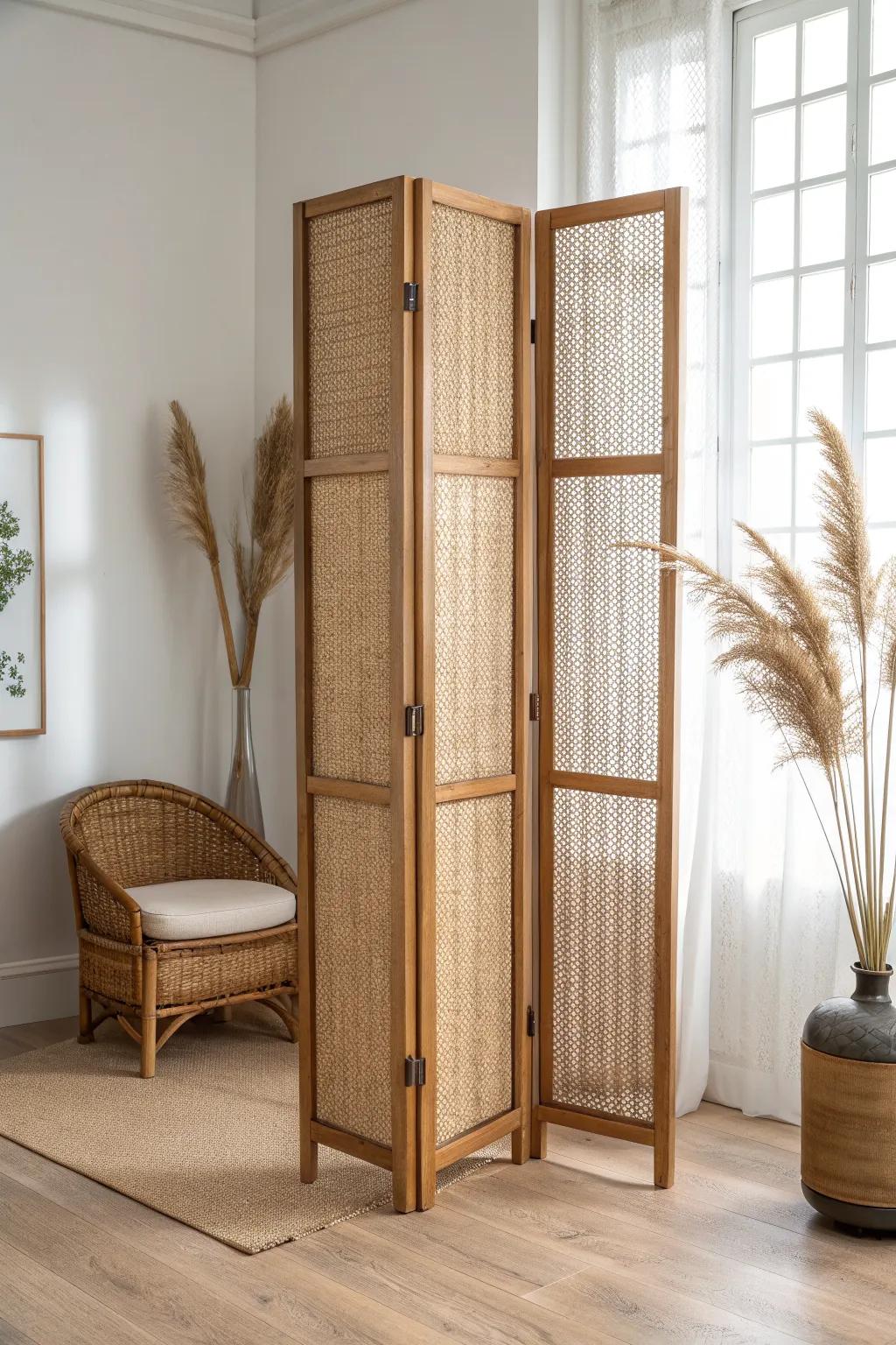 Breezy cane-inset room divider: mid-century privacy with light, airy Scandinavian-boho charm.