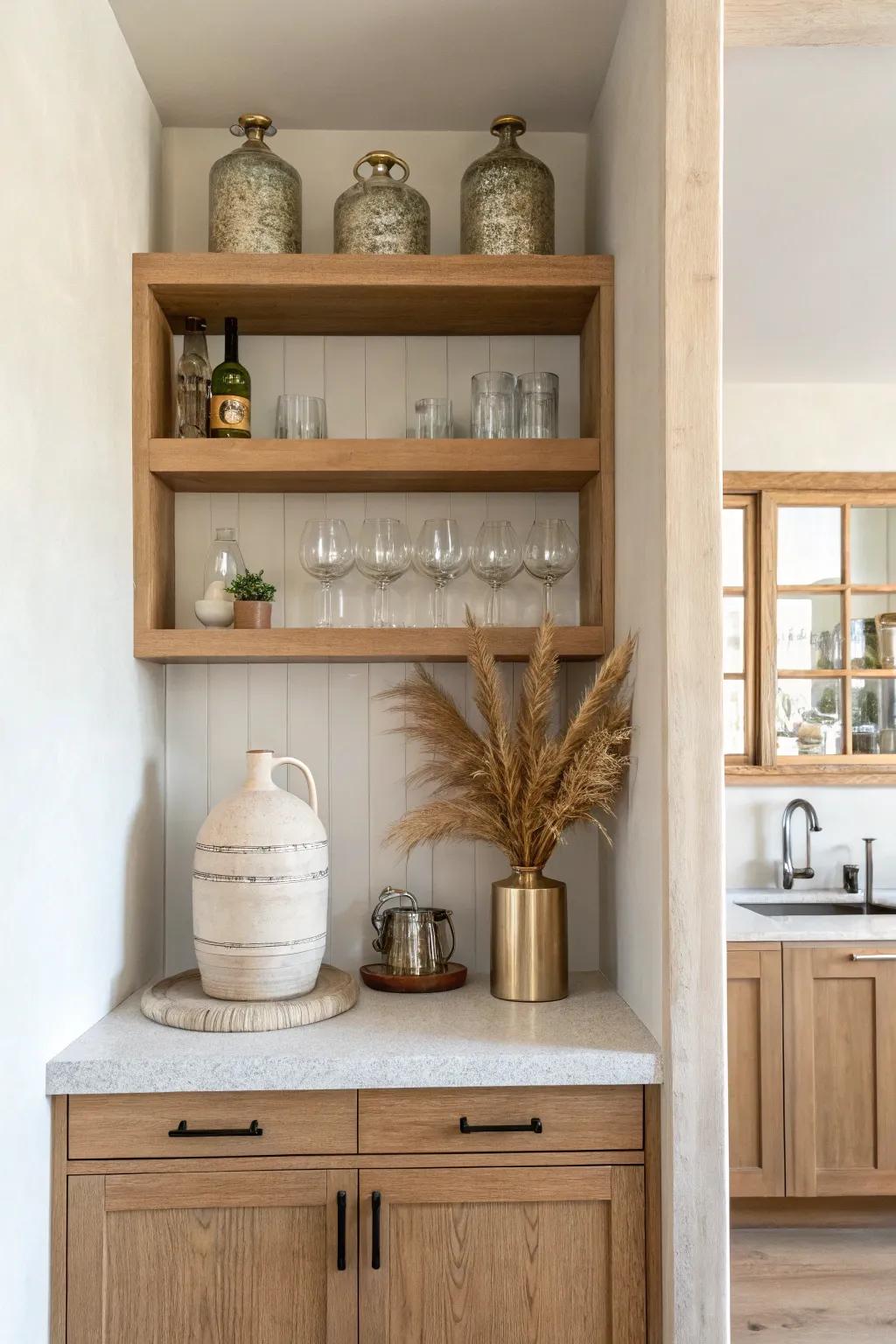 A recessed nook mini bar with mirrored back and warm oak shelves—small space, big sparkle.
