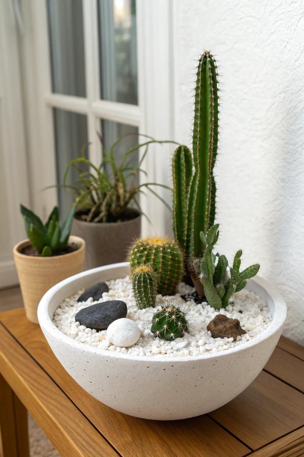 Graphic mini cactus garden with white gravel and black stones—simple, chic, modern.