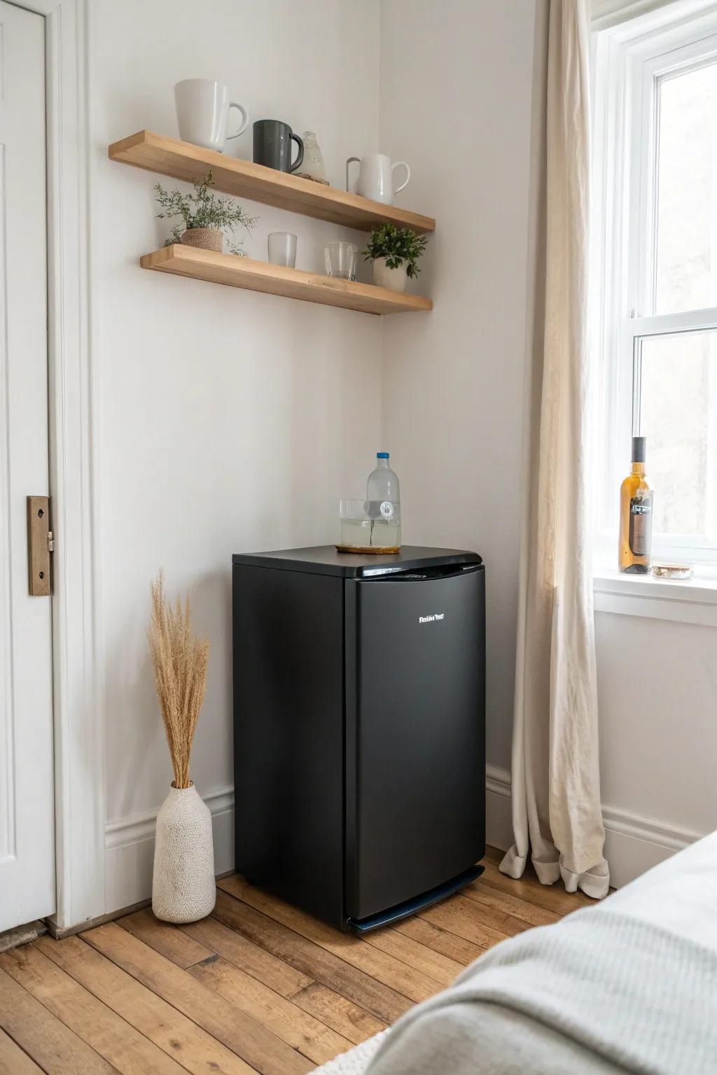 Turn an awkward bedroom corner into a chic mini-fridge nook with one floating shelf.