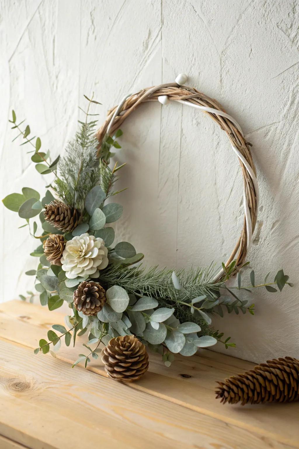 A tiny pinecone detail wreath—cozy, woodsy, and beautifully minimal for small-space decor.