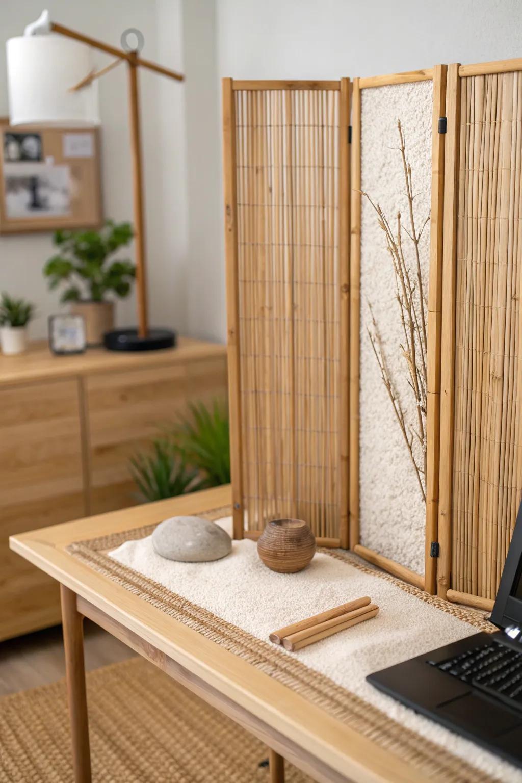 Slim bamboo screen transforms a desk mini zen garden into a calm, private retreat.