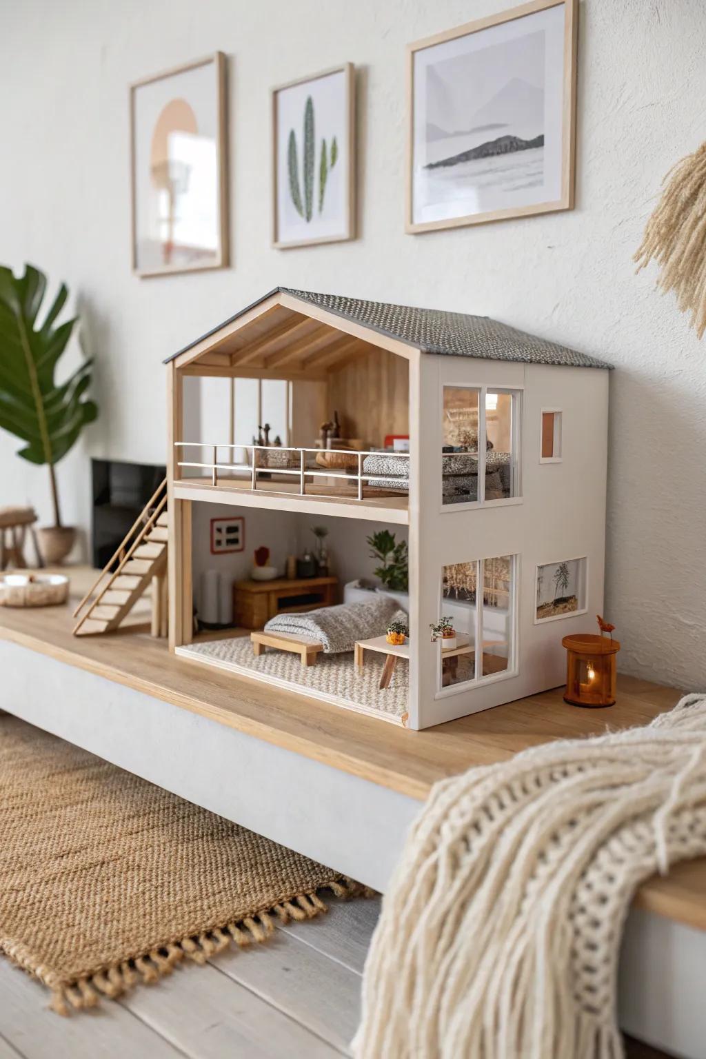 Modern loft cutaway mini with one bold art piece—clean lines, soft light, big style.